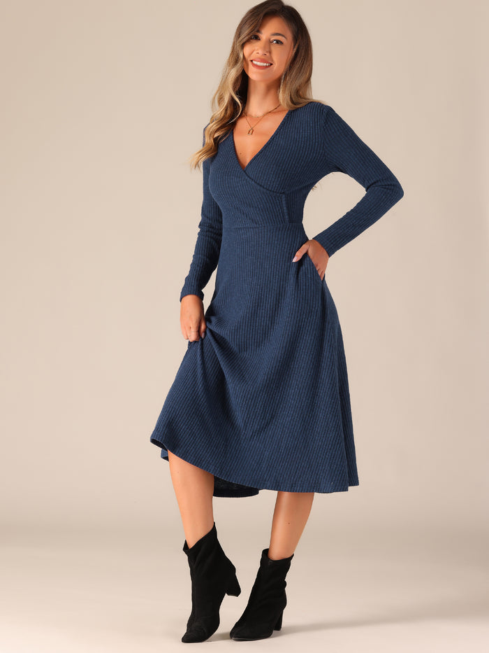 allegra k Long Sleeve Pockets A-Line Midi Ribbed Knit Dress