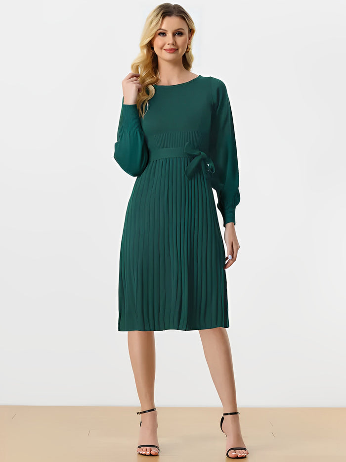 Allegra K Long Sleeve Ribbed Knit Belted Pleated Midi Sweater Dress