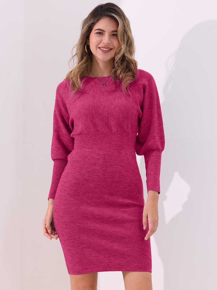allegra k Long Sleeve Solid Color Sheath Midi Sweater Dress