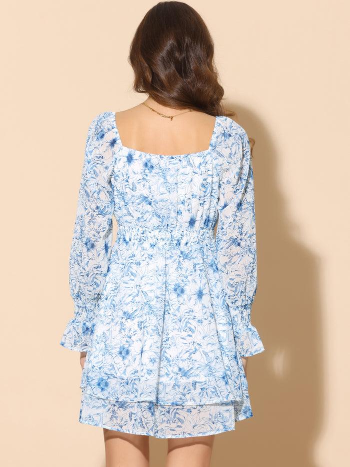 Allegra K Long Sleeve Square Neck Floral Casual A-Line Dress