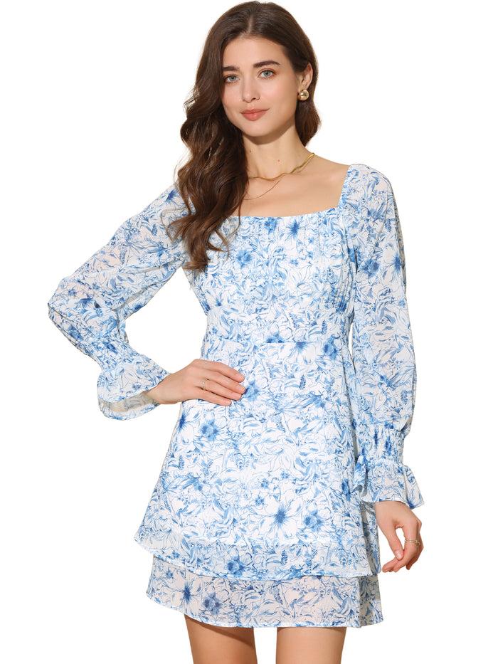 Allegra K Long Sleeve Square Neck Floral Casual A-Line Dress