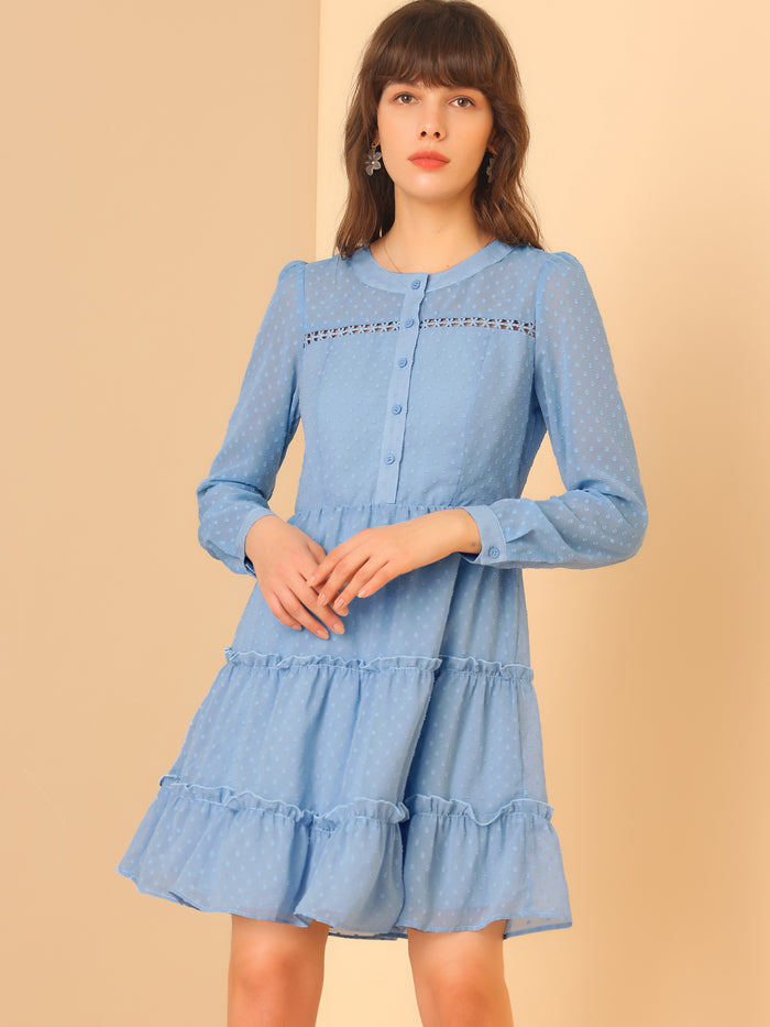 Allegra K Long Sleeve Swiss Dot Elastic Waist A-Line Tiered Flowy Chiffon Dress