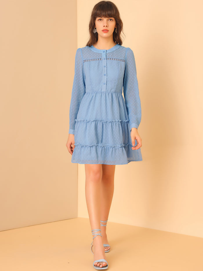 allegra k Long Sleeve Swiss Dot Elastic Waist A-Line Tiered Flowy Chiffon Dress
