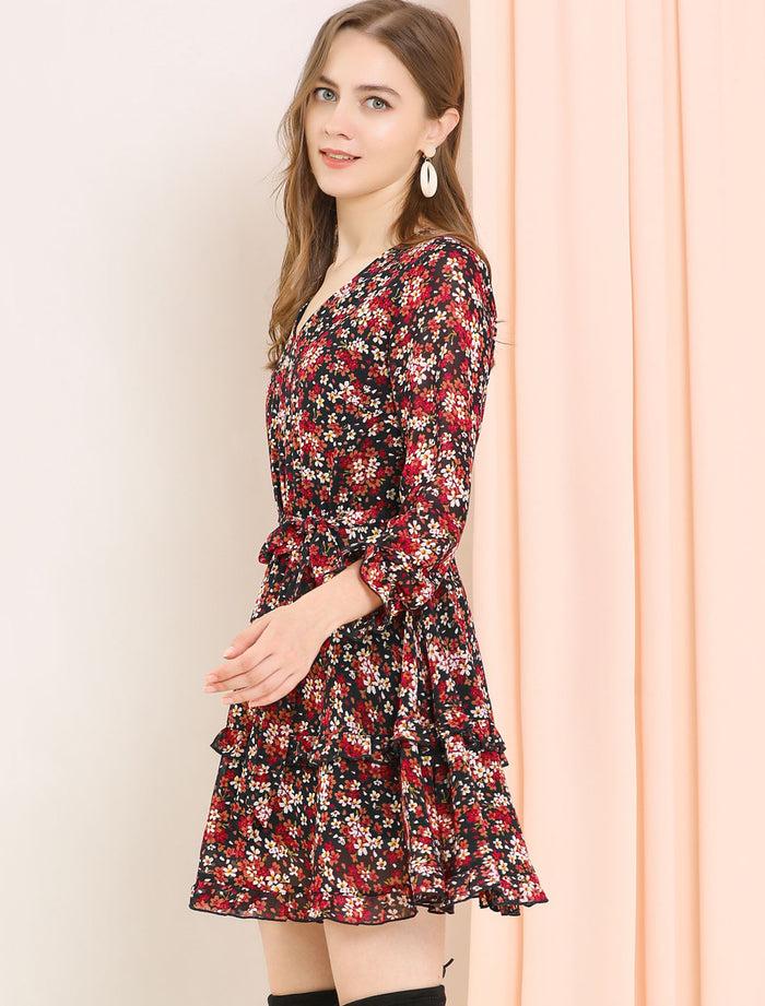 Allegra K Long Sleeve V Neck Elastic Waist Ruffle Hem Chiffon Floral Dress