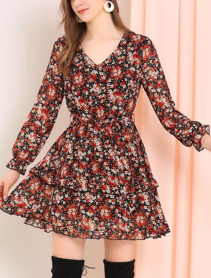 Allegra K Long Sleeve V Neck Elastic Waist Ruffle Hem Chiffon Floral Dress