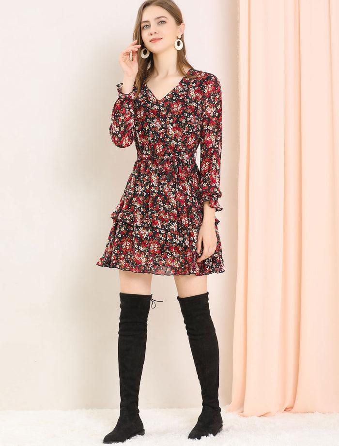 allegra k Long Sleeve V Neck Elastic Waist Ruffle Hem Chiffon Floral Dress