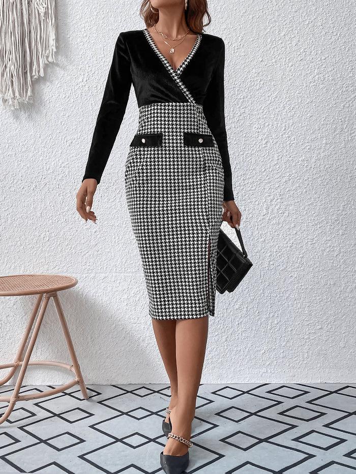 allegra k Long Sleeve Velvet Patchwork Houndstooth Slit Midi Sheath Dress