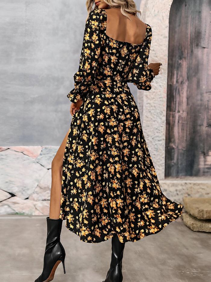 Allegra K Long Sleeves Lace-Up Floral Slit Midi Dress