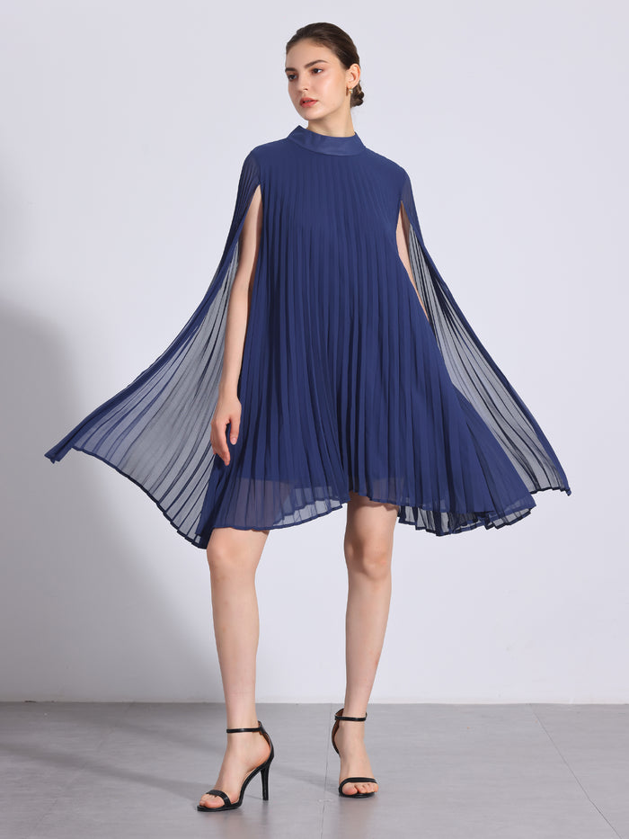 allegra k Loose Flowy Cloak Sleeve Cape Pleated Chiffon Mini Dress