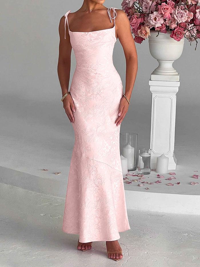 Allegra K Luxurious Jacquard Textured Spaghetti Straps Maxi Evening Formal Dress