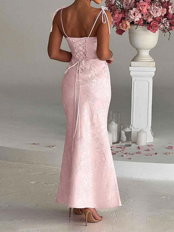 Allegra K Luxurious Jacquard Textured Spaghetti Straps Maxi Evening Formal Dress