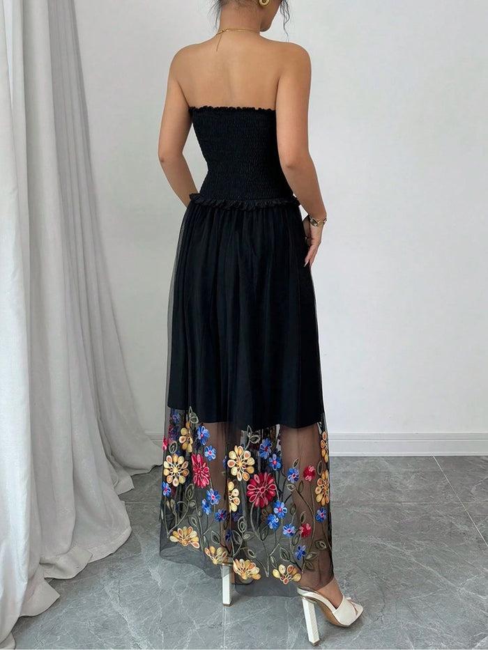 Allegra K Mesh Floral Embroidered Smocked Strapless Maxi Dress