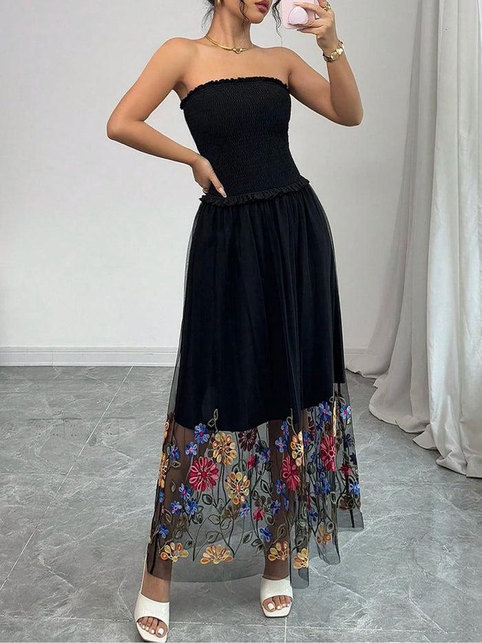 Allegra K Mesh Floral Embroidered Smocked Strapless Maxi Dress