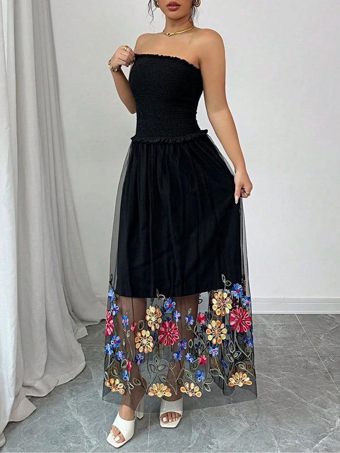 Allegra K Mesh Floral Embroidered Smocked Strapless Maxi Dress