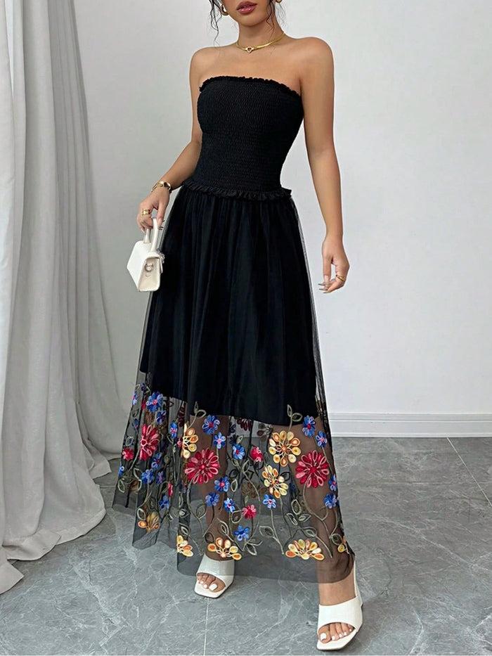 allegra k Mesh Floral Embroidered Smocked Strapless Maxi Dress