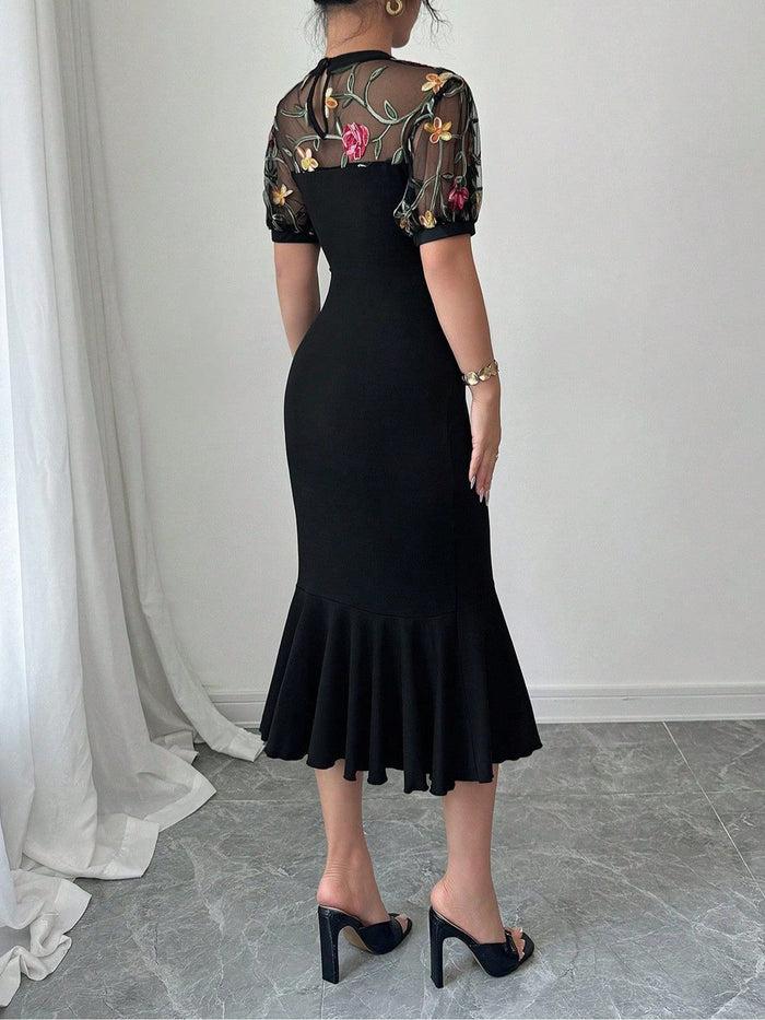 Allegra K Mesh Floral Embroidery Asymmetric Hem Bodycon Dress