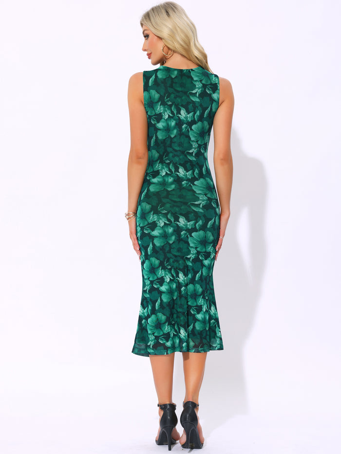 Allegra K Mesh Floral Sleeveless Bodycon Cocktail Midi Dress