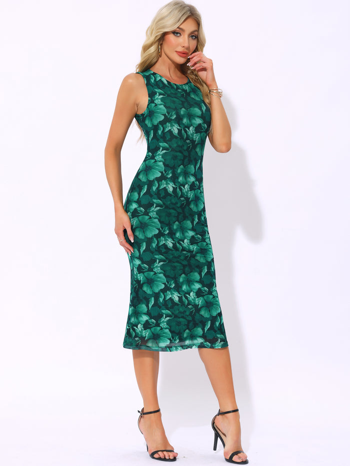 allegra k Mesh Floral Sleeveless Bodycon Cocktail Midi Dress