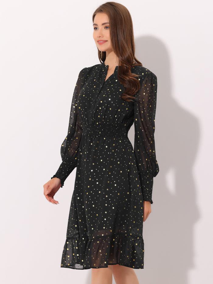 allegra k Metallic Star V Neck Button Up Smocked Chiffon Dress