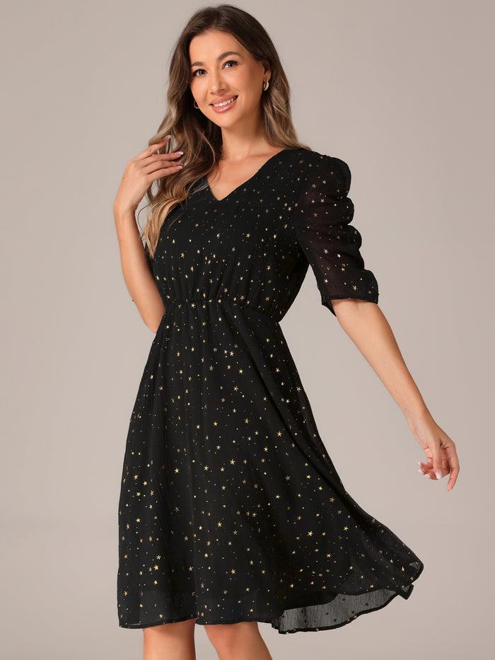 allegra k Metallic Stars Ruched Sleeve V Neck A-line Chiffon Dress