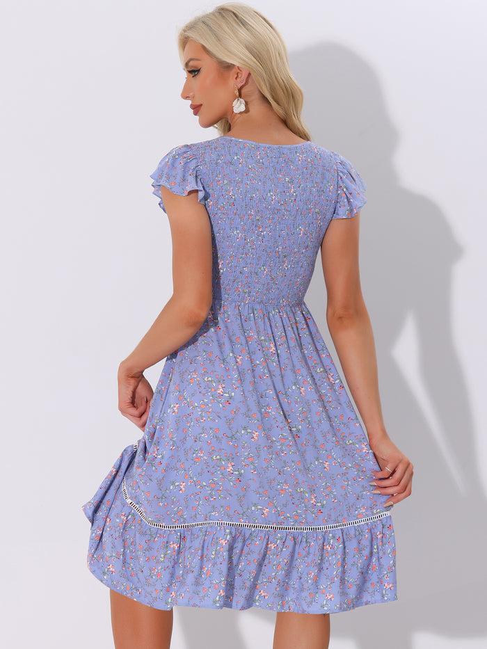Allegra K Midi Smocked Cap Short Sleeve Floral Fit And Flare Dress