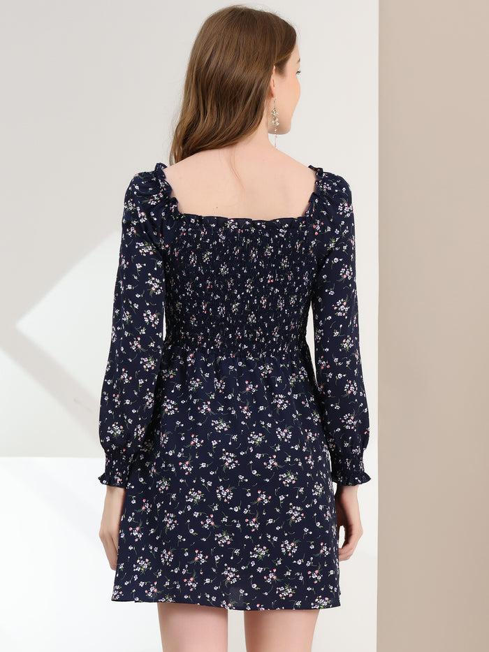 Allegra K Mini Smocked Square Neck Long Sleeve Floral Print Dress