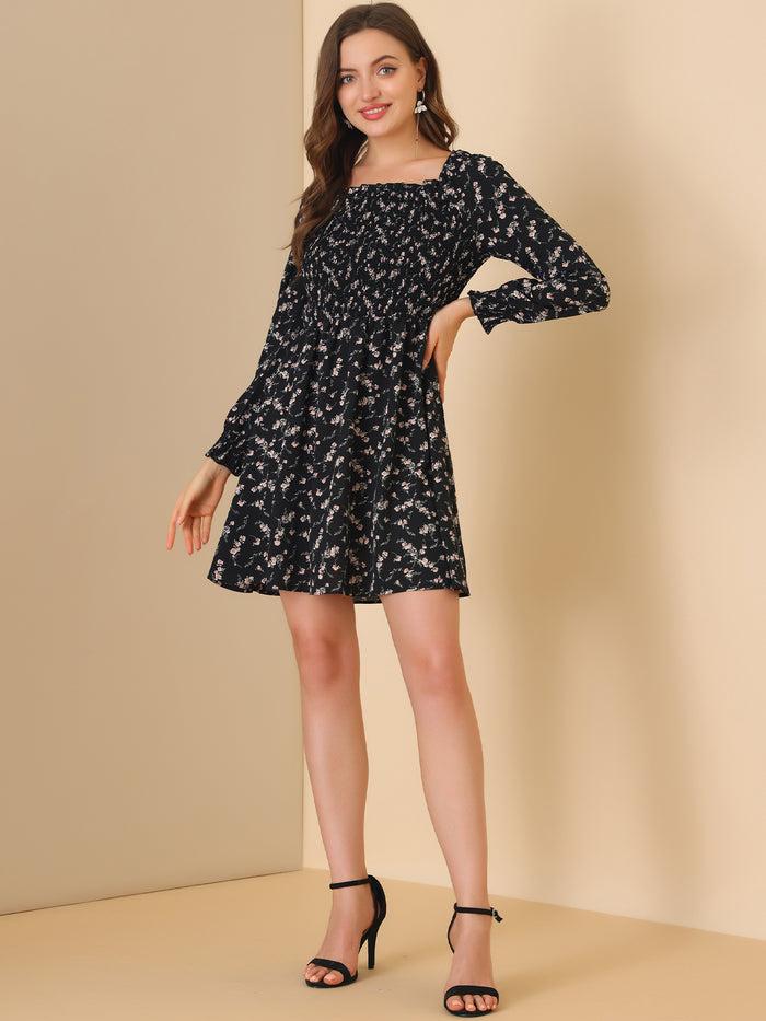 Allegra K Mini Smocked Square Neck Long Sleeve Floral Print Dress