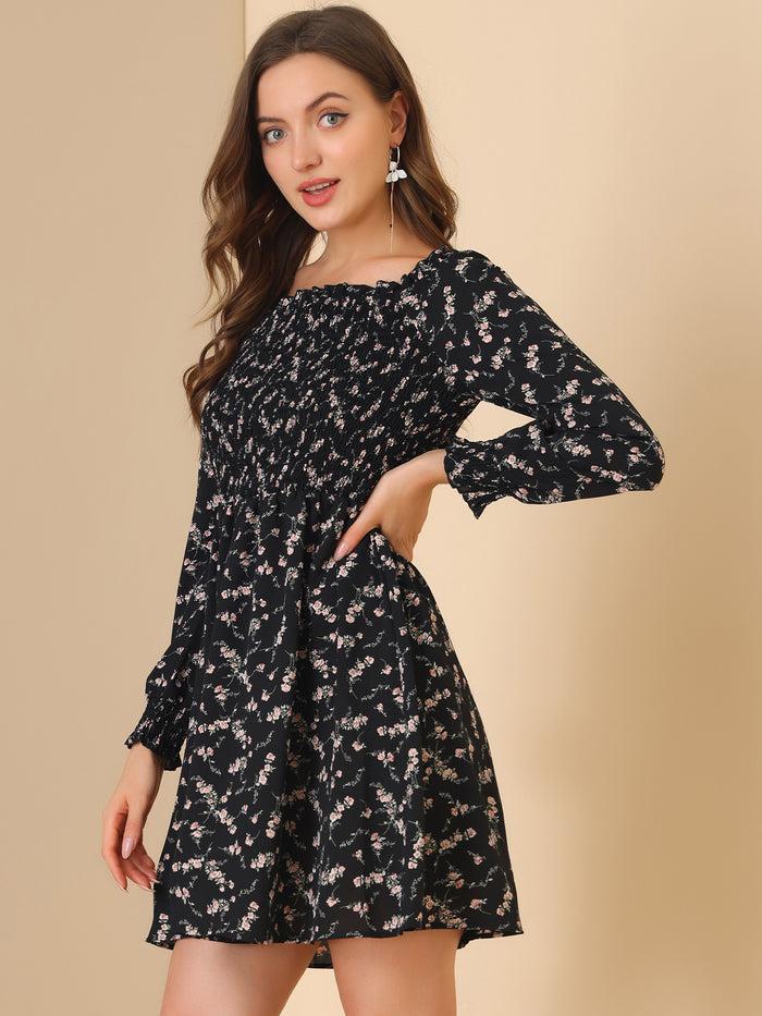 Allegra K Mini Smocked Square Neck Long Sleeve Floral Print Dress