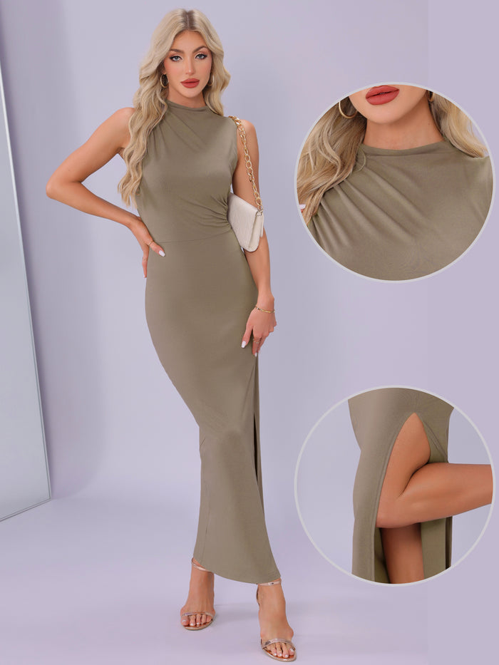 allegra k Mock Neck Ruched Side Slit Sleeveless Bodycon Maxi Dress