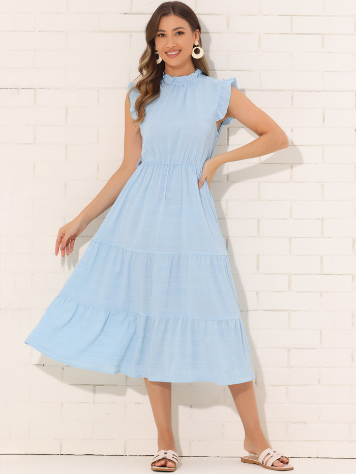 Allegra K Mock Neck Ruffled Textured Cap Sleeve Tiered Midi Dress