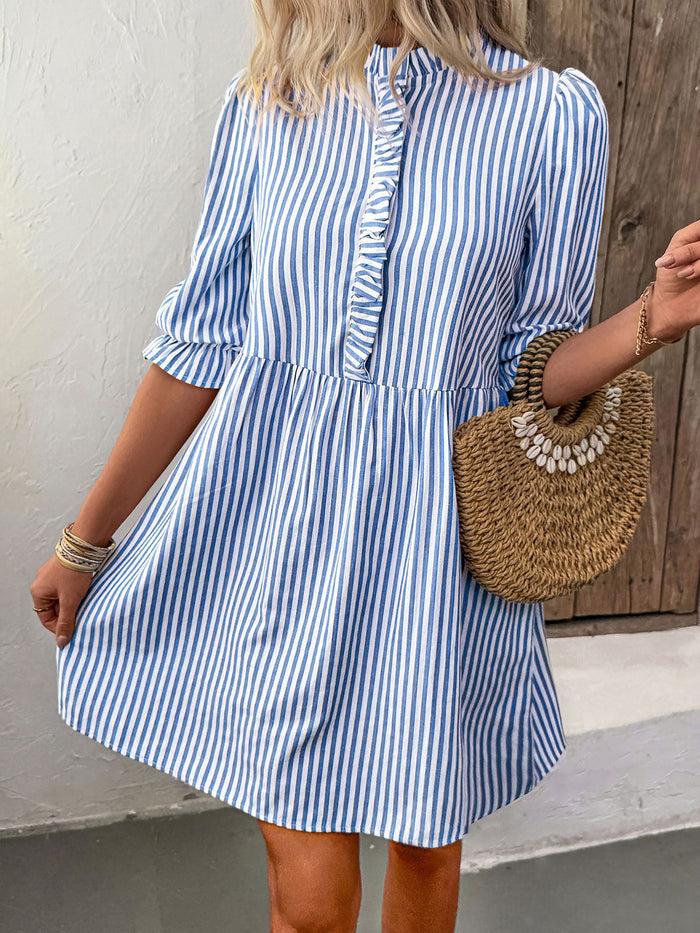 Allegra K Mock Neck Striped Ruffled 3/4 Sleeves Mini Dress