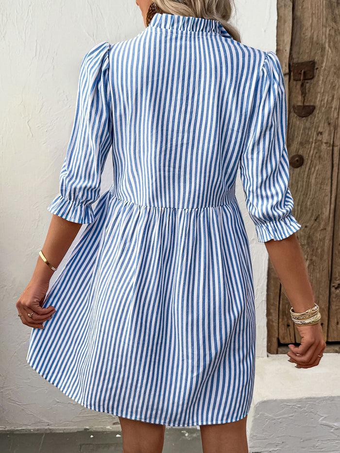 Allegra K Mock Neck Striped Ruffled 3/4 Sleeves Mini Dress