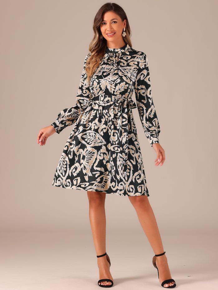 allegra k Mock Neck Swing Knee Length Long Sleeve A-line Floral Dress