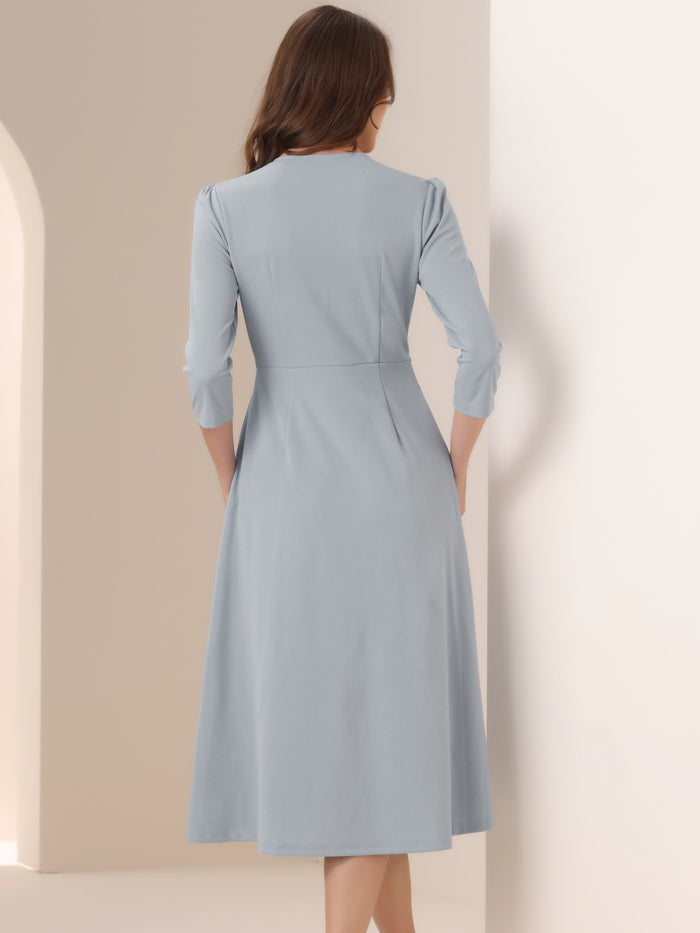 Allegra K Notch Neck 3/4 Sleeve Pocketed Solid A-Line Work Dress