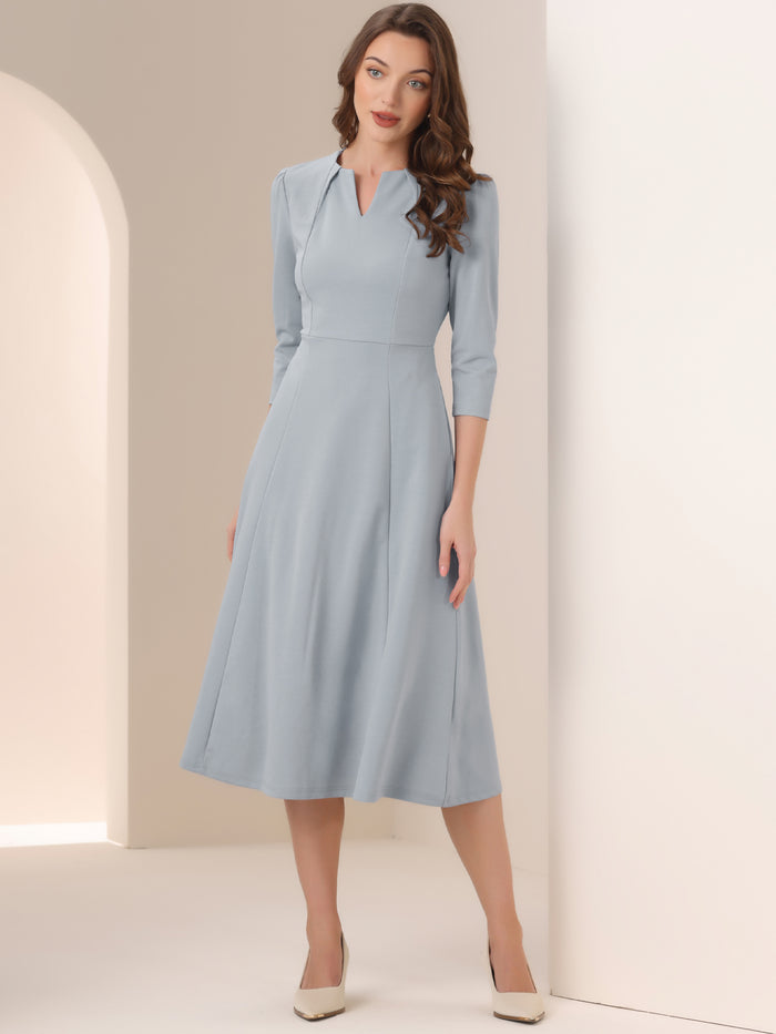 Allegra K Notch Neck 3/4 Sleeve Pocketed Solid A-Line Work Dress