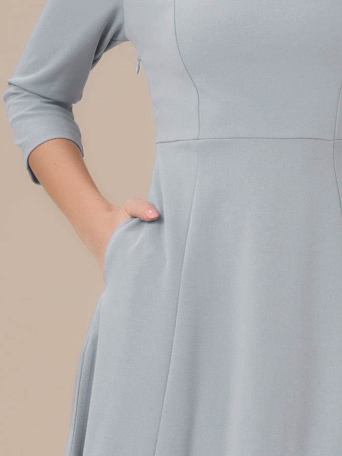 Allegra K Notch Neck 3/4 Sleeve Pocketed Solid A-Line Work Dress