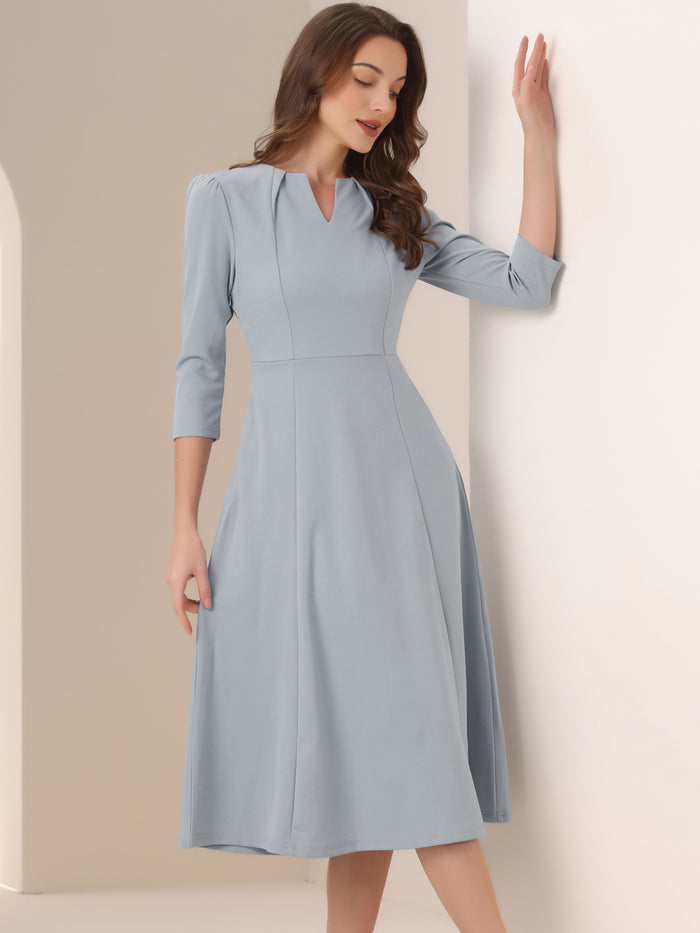 allegra k Notch Neck 3/4 Sleeve Pocketed Solid A-Line Work Dress