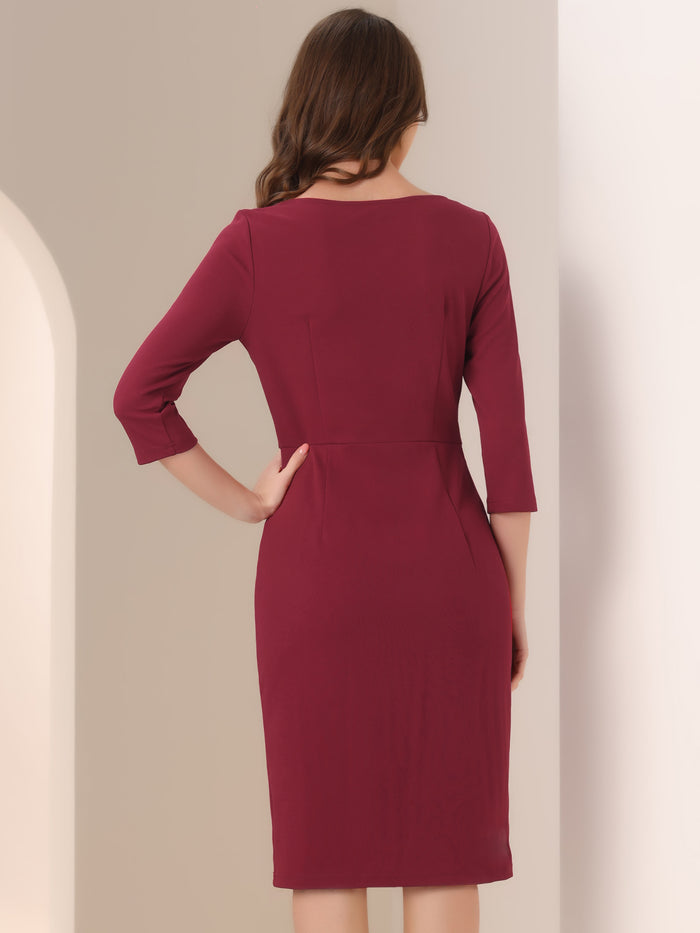 Allegra K Notch Neck 3/4 Sleeve Work Office Business Midi Sheath Dress