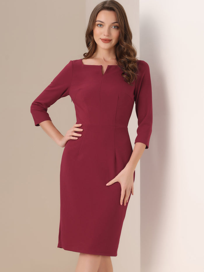 allegra k Notch Neck 3/4 Sleeve Work Office Business Midi Sheath Dress