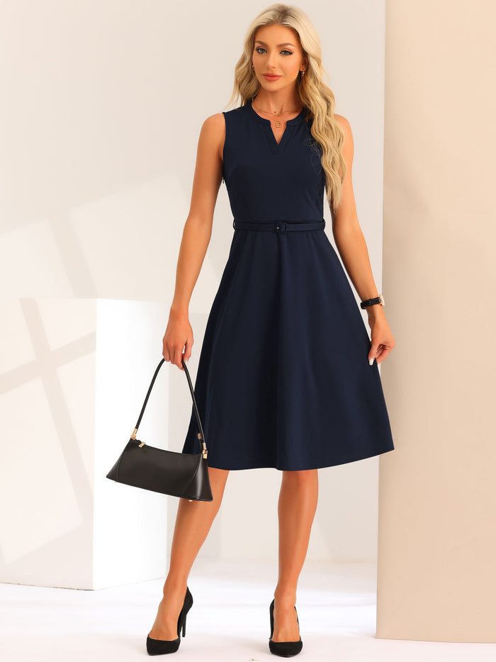 allegra k Notch Neck Belted Sleeveless Work Office A-Line Midi Dress