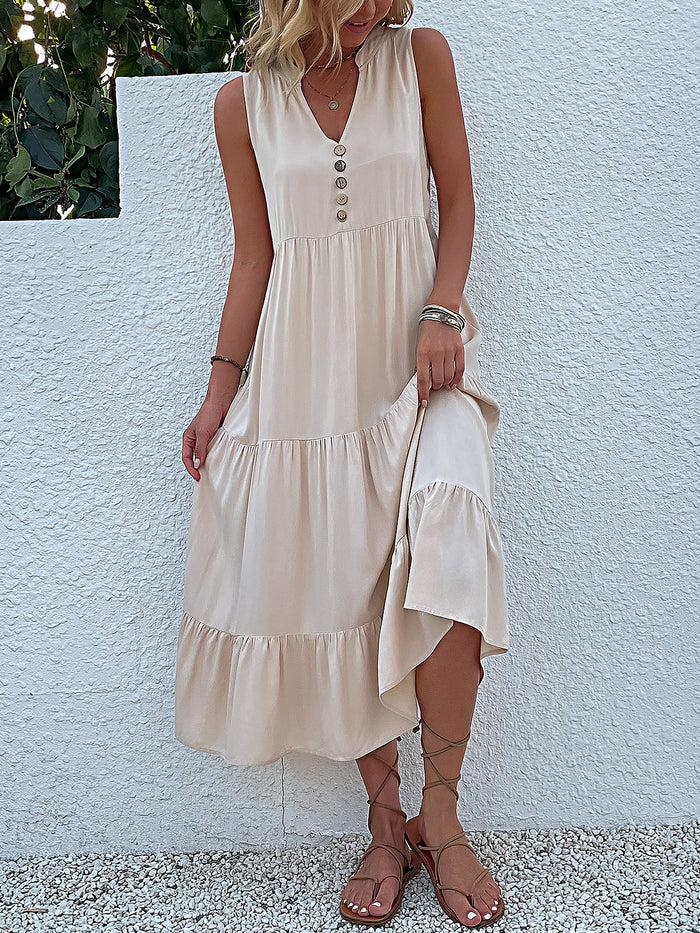 Allegra K Notch Neck Buttoned Sleeveless Tiered Midi Dress