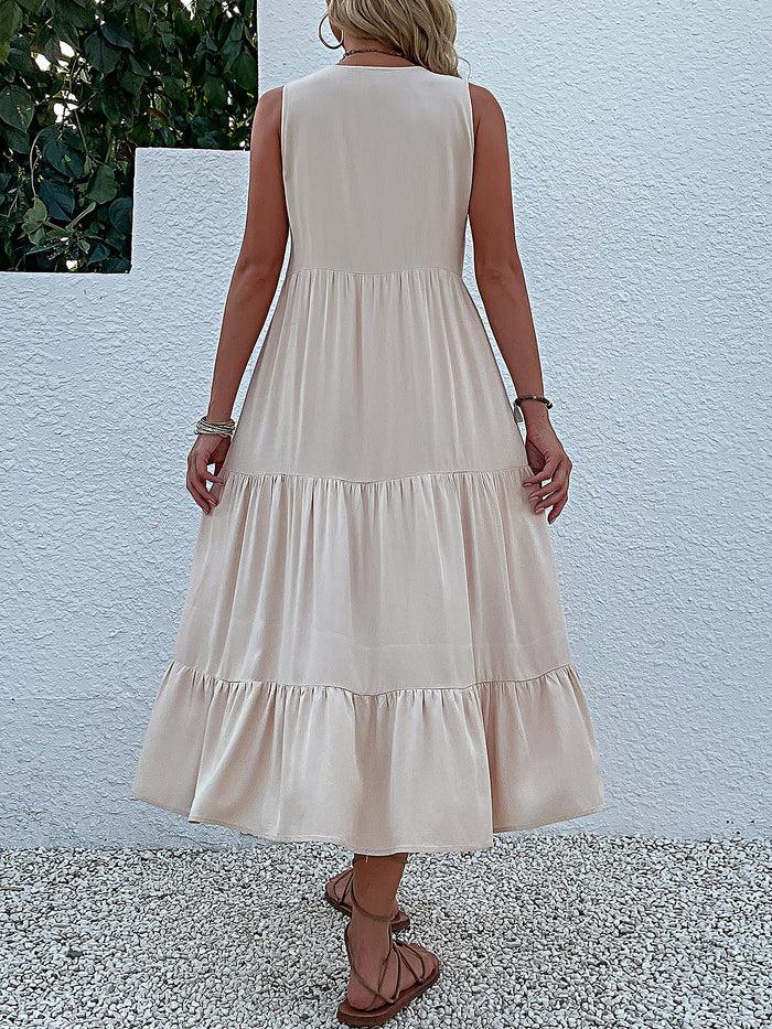 Allegra K Notch Neck Buttoned Sleeveless Tiered Midi Dress