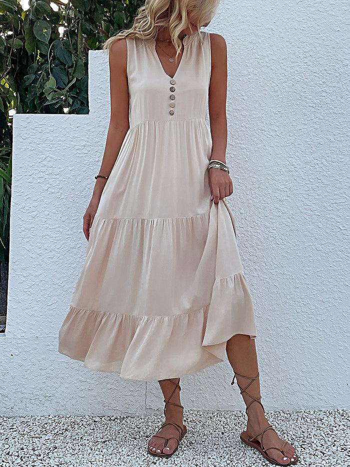 allegra k Notch Neck Buttoned Sleeveless Tiered Midi Dress