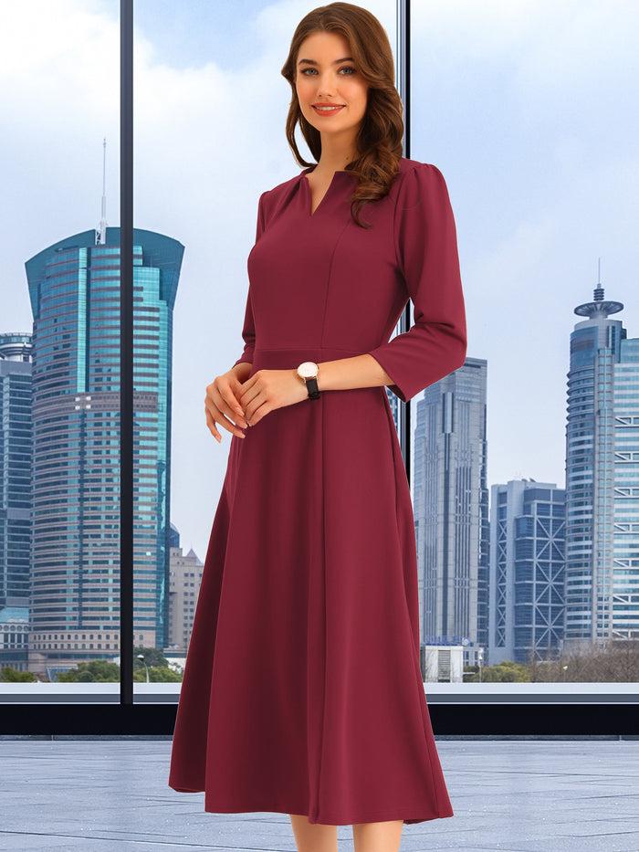 Allegra K Notch Neck Pocketed 3/4 Sleeve Solid A-Line Work Dress