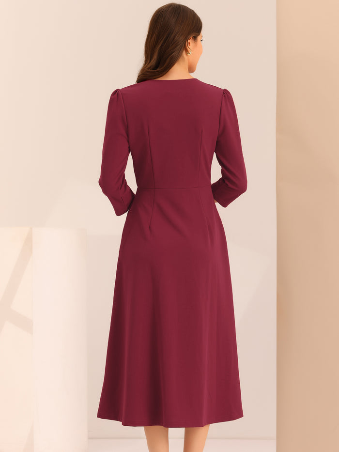 Allegra K Notch Neck Pocketed 3/4 Sleeve Solid A-Line Work Dress