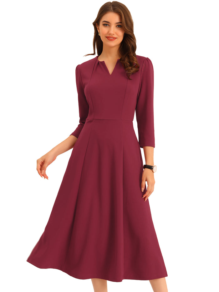 Allegra K Notch Neck Pocketed 3/4 Sleeve Solid A-Line Work Dress