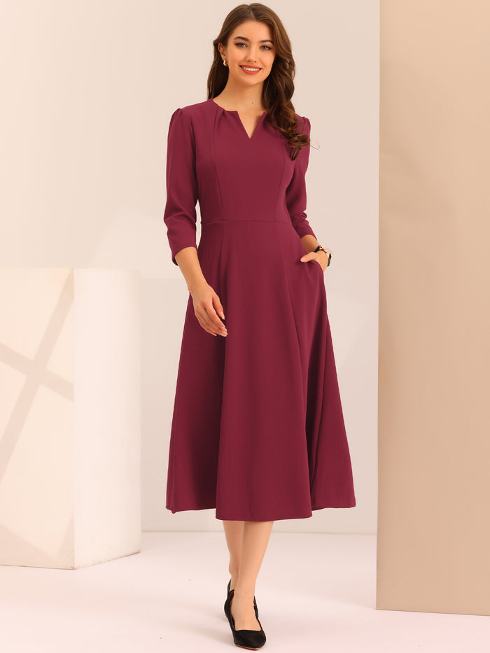 allegra k Notch Neck Pocketed 3/4 Sleeve Solid A-Line Work Dress
