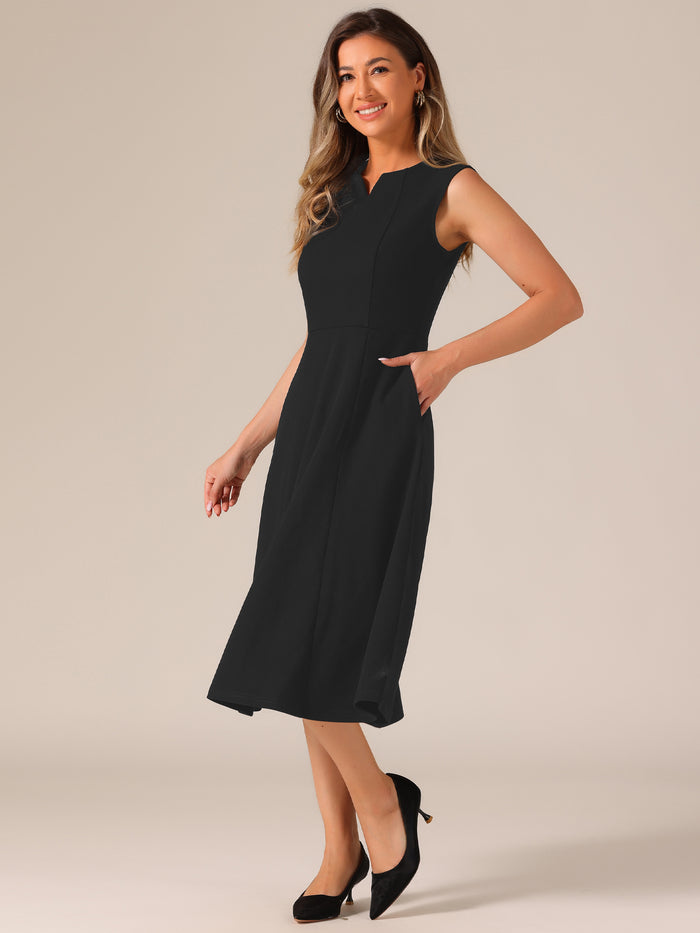 Allegra K Notch Neck Pocketed Work Office A-Line Midi Dress