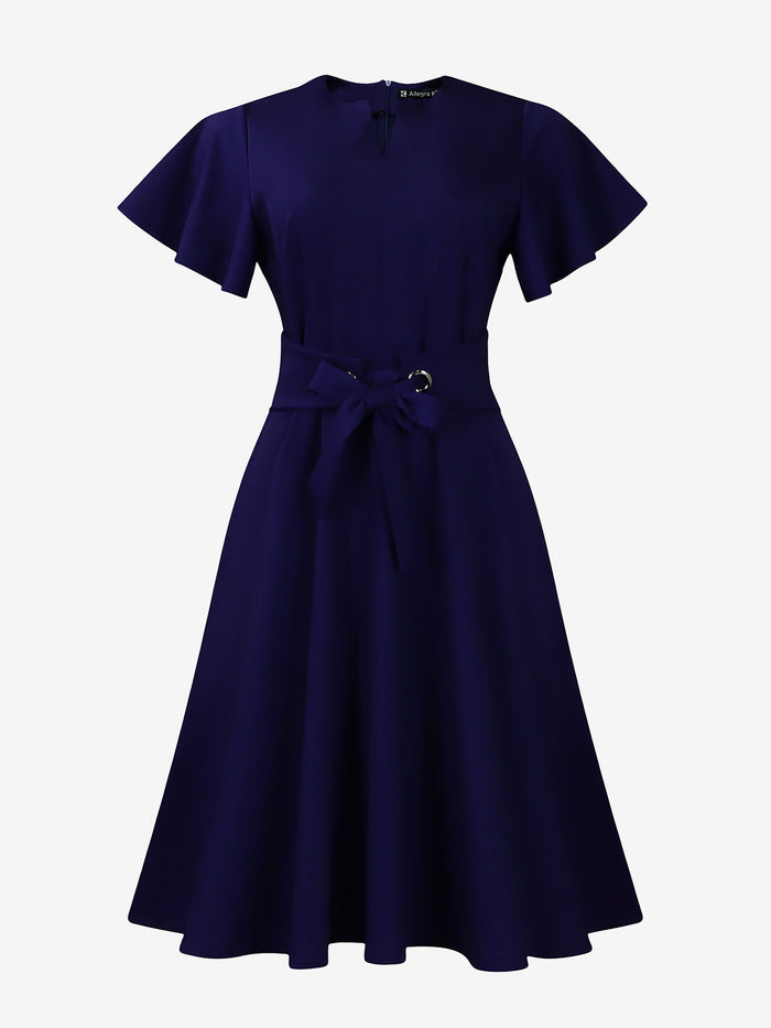 Allegra K Notch Neck Ruffled Sleeves A-Line Midi Dress