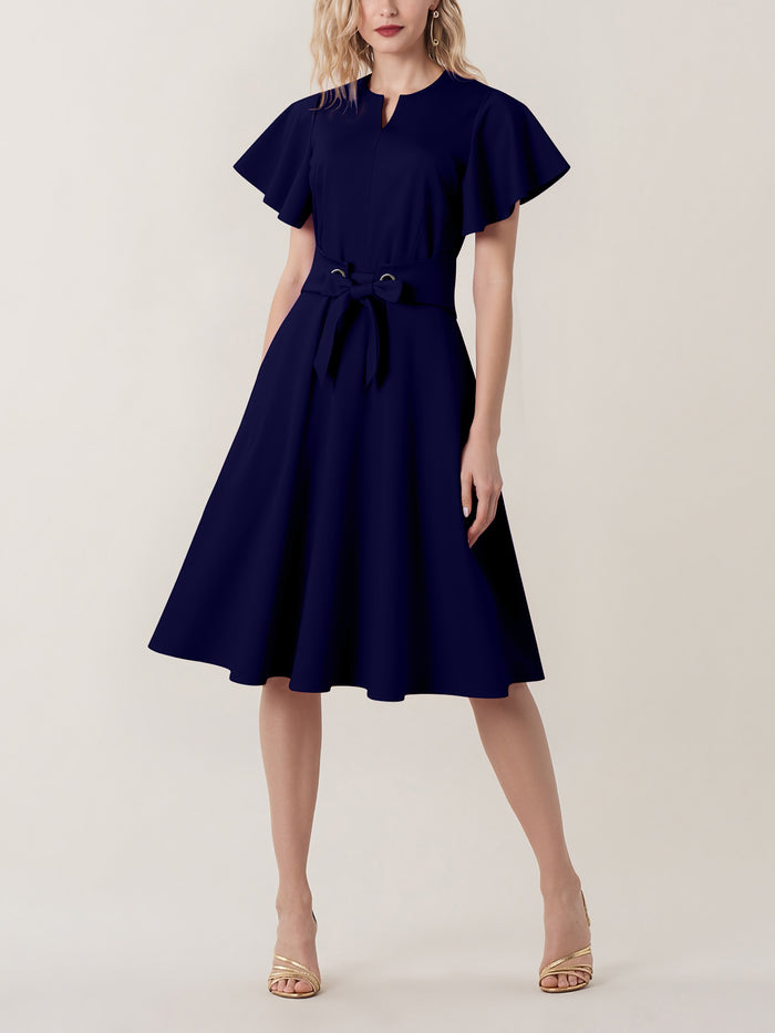 allegra k Notch Neck Ruffled Sleeves A-Line Midi Dress
